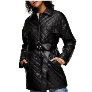 NEW Topshop Quinn Quilted Trench Jacket Black Faux Leather Belted Puffer Size 4